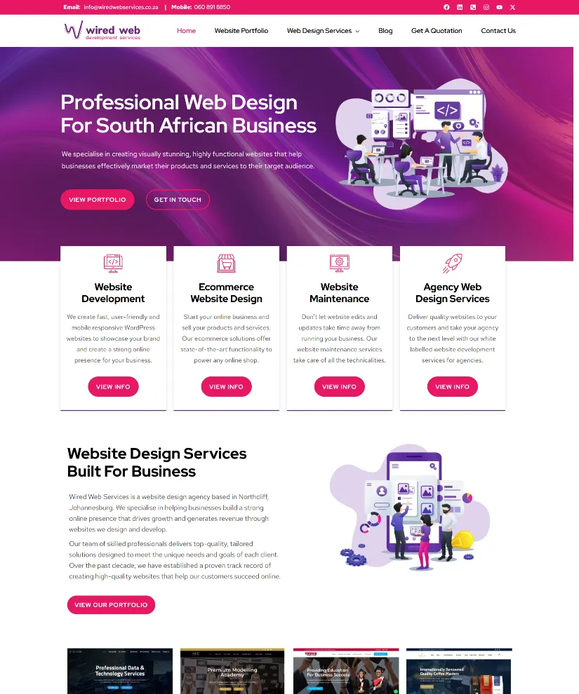 The second Wired Web Services website, with a magenta hero headed Professional Web Design For South African Business and four service cards