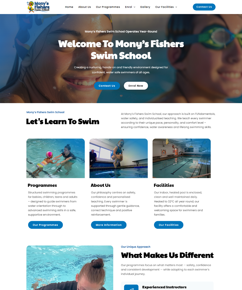 Mony's Fishers Swim School website designed by Wired Web Services