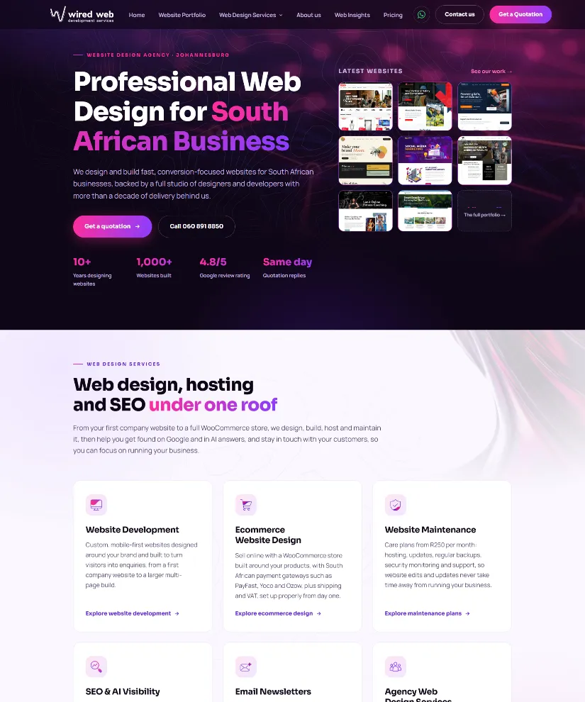 The current Wired Web Services website, with a dark hero, a grid of recent client websites and six services under one roof
