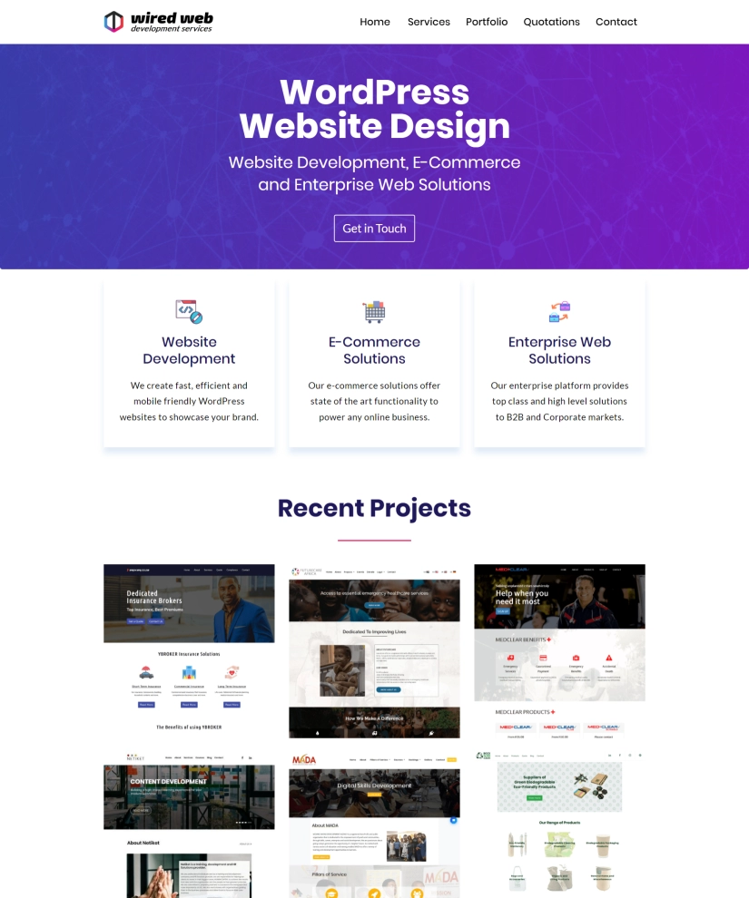 The first Wired Web Services website, with a purple hero headed WordPress Website Design and a grid of recent projects